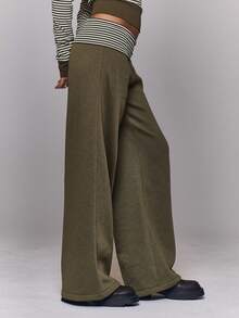 MUSERA Stripe Fold Over Wide Waistband Wide Leg Loose Fit Co-Ord Trousers Only Going Out Everyday Night Out Casual Cool Streetwear Washed Pants Spring - Army Green - View 3