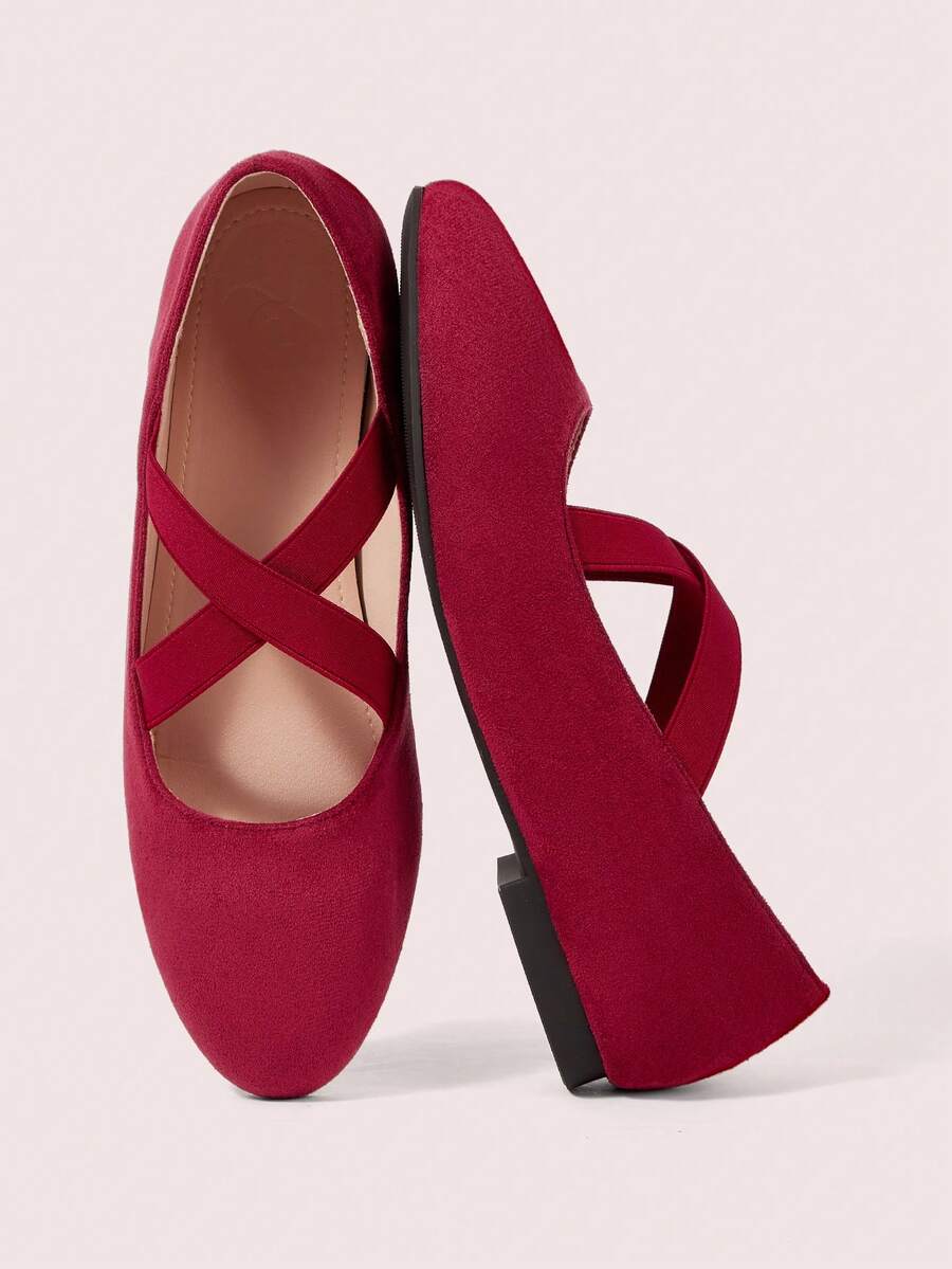 CUCCOO DOLLMOD Women's Burgundy Suede Retro Elegant Simple Criss-Cross Elastic Band Slip-On Soft Bottom Flat Mary Jane Ballet Flats - Burgundy - View 1