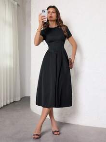 SHEIN Tall Casual Black Solid Color Fishbone Tape Decor Short Sleeve Mid-Length Dress, Tall Version Extended Length