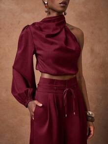 Zivah Women's Burgundy Autumn Elegant Two Pieces Set,One-Shoulder Swing Collar Long-Sleeved Short Shirt & High-Waisted Wide-Leg Pants,Dinner Date Outfit - Burgundy - View 6