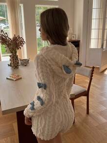 SHEIN 梦幻蝴蝶结连帽提花抓绒舒适连体衣，女士可爱睡衣，蓬松家居服，冬季 - 杏色 - 查看 6