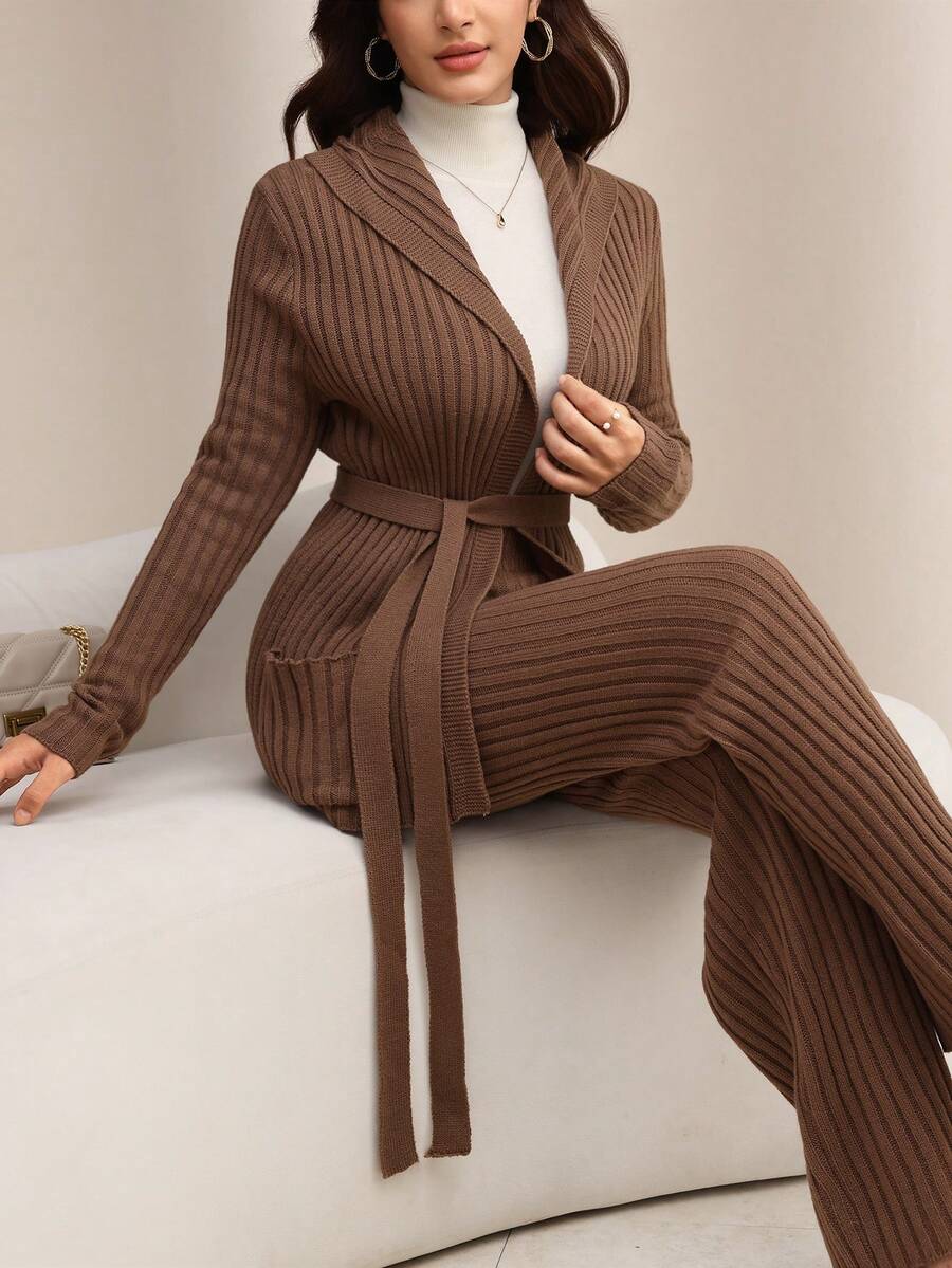 Modelyn 女士简约纯色系带长袖针织开衫和针织裤套装 - 駝色 - 查看 1