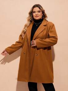 SHEIN CURVE+ 曲线加大翻领双排扣大衣 - 巧克力棕 - 查看 5
