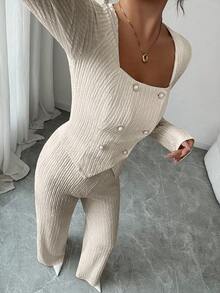 Elenzga Bộ 2 món thời trang nữ màu trơn họa tiết, gồm áo khoác blazer dài tay cổ khoét hai hàng khuy và quần ống đứng dáng rộng cạp cao, phong cách đi làm thanh lịch, thích hợp cho các buổi hẹn hò, đi làm, mùa thu/đông - Màu be - Xem 8