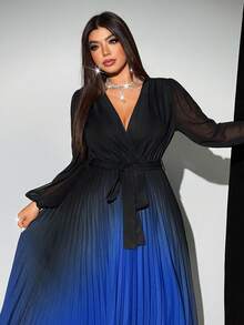 SHEIN CURVE+ 大码女式优雅渐变色交叉领口雪纺透明袖腰带蝴蝶结腰部褶皱长裙，百搭设计，适合派对、聚会、外出 - 彩色 - 查看 5