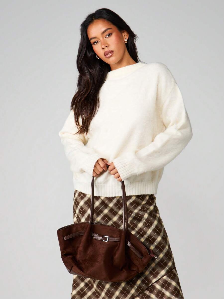 MISSGUIDED Túi Tote Da Lộn Sang Trọng Có Chi Tiết Thắt Lưng Và Quai Đeo Kép Cho Vẻ Thanh Lịch Hằng Ngày - Cà phê nâu - Xem 1