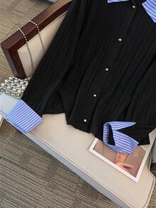 GlowEve CURVE 女士休闲通勤条纹拼布针织上衣，简约时尚