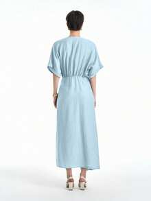 Aalyst 赭石色简约休闲编织裹身 V 领蝙蝠袖宽松长裙，天然舒适面料，春夏 - 藍色 - 查看 2