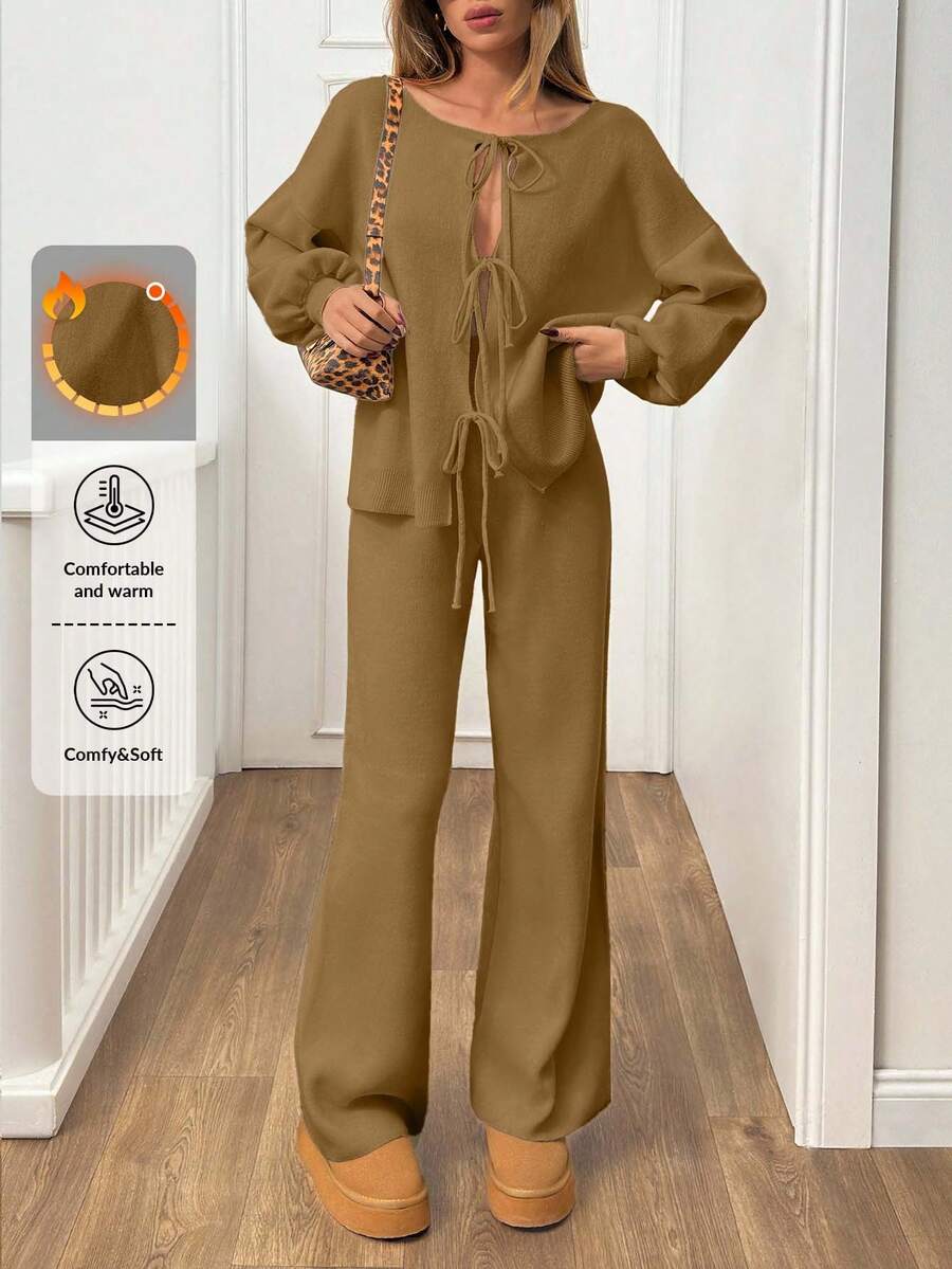 EURMUSE 2pcs Women Casual Solid Color Drawstring Cardigan Knit Set - Camel - View 1