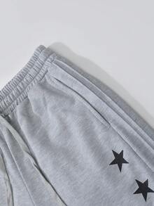 Manfinity Roghcode Men's Fashionable Loose Fit Wide Leg Sweatpants,Star Print Knit Sports Pants,Elastic Waist,Dark Grey,Summer,Streetwear,Gym,Light Grey,Back To School - Light Grey - View 5
