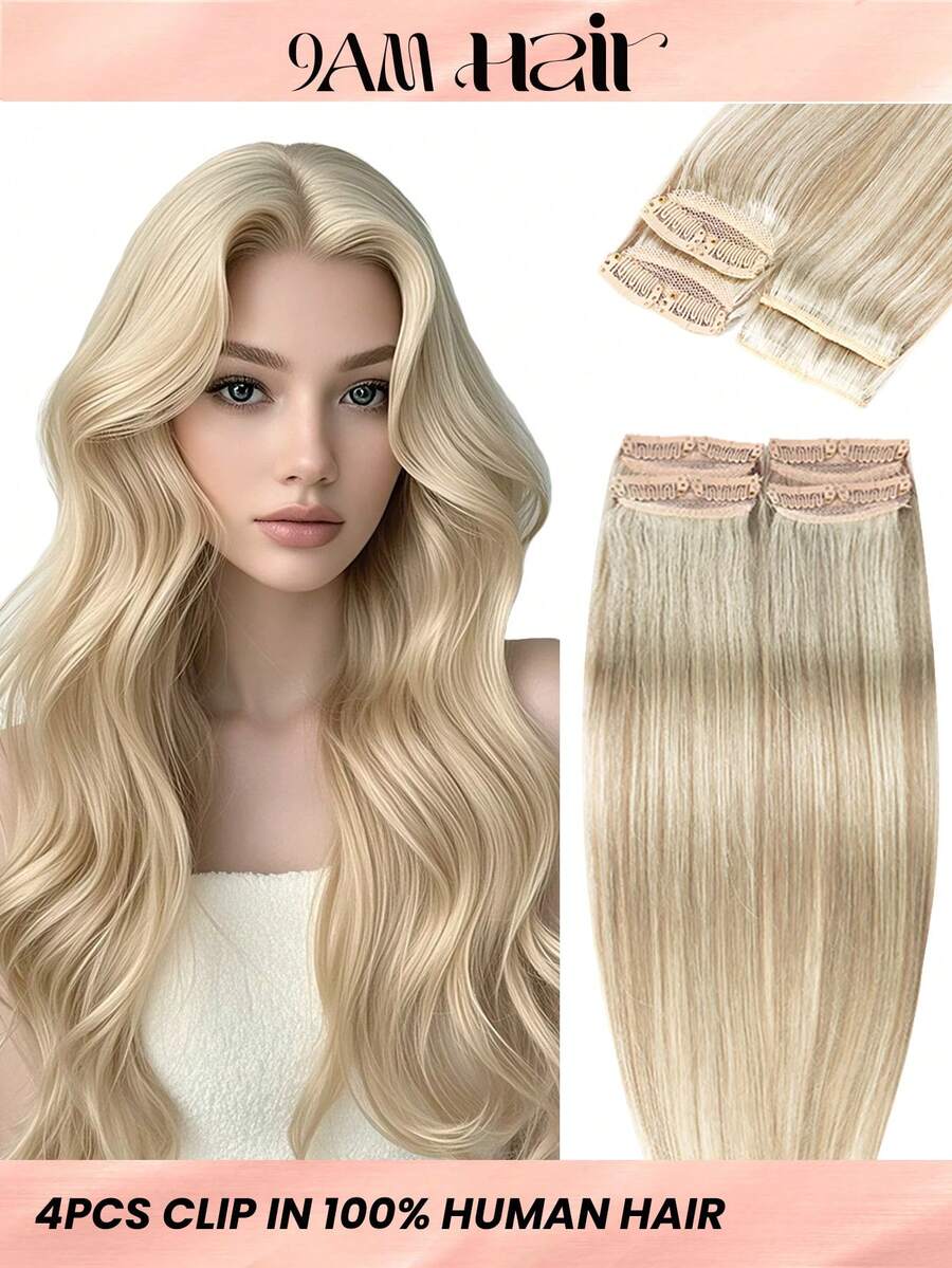4PCS With 8 Clips Straight Clip In Hair Extensions 100% Real Human Hair Color P76/613# Medium Brown Highlighted Light Blonde 12-18 Inch Double Weft Invisiable Clip Hair Extensions Remy Natural Human Hair For Women Girl Daily Full Head Use