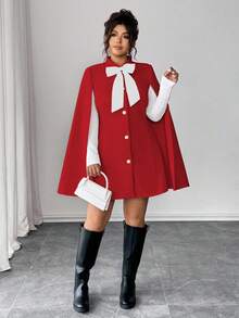 Elenzga Fashionable Casual French Retro Elegant Pearl Button Bow Cloak Overcoat - Red and White - View 6