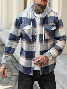 EGENSIO 男士格子长袖单排扣口袋抽绳连帽休闲夹克，秋冬男士法兰绒格子夹克，男士长袖法兰绒 - 藍白色 - 查看 1