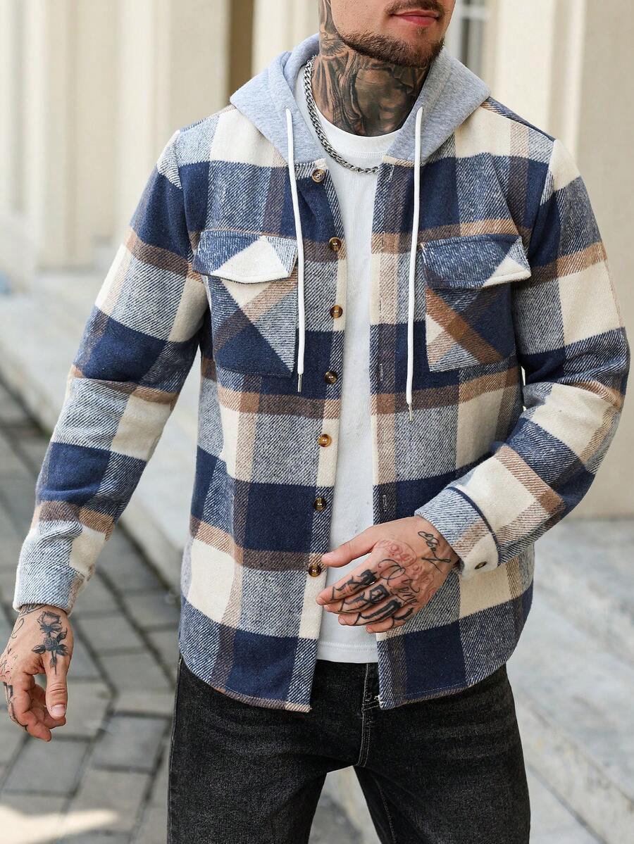 EGENSIO 男士格子长袖单排扣口袋抽绳连帽休闲夹克，秋冬男士法兰绒格子夹克，男士长袖法兰绒 - 藍白色 - 查看 1