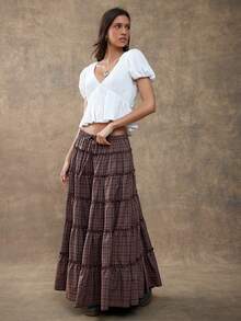 WESTFADE 高腰抽绳层叠荷叶边A字格子长裙，适合秋季、冬季穿着，风格包括波西米亚风、休闲风、可爱风、棕色系、西部风、乡村风、假日风和感恩节风。 - 咖啡棕 - 查看 1