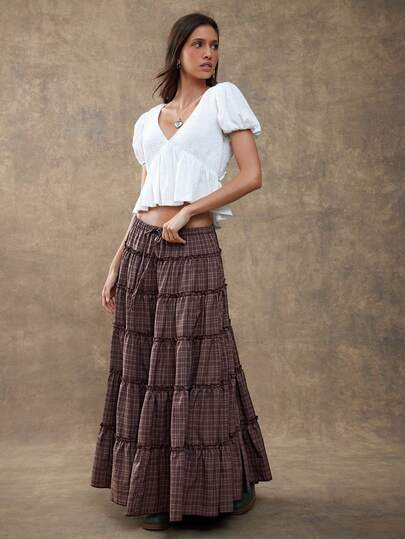 WESTFADE 高腰抽绳层叠荷叶边A字格子长裙，适合秋季、冬季穿着，风格包括波西米亚风、休闲风、可爱风、棕色系、西部风、乡村风、假日风和感恩节风。