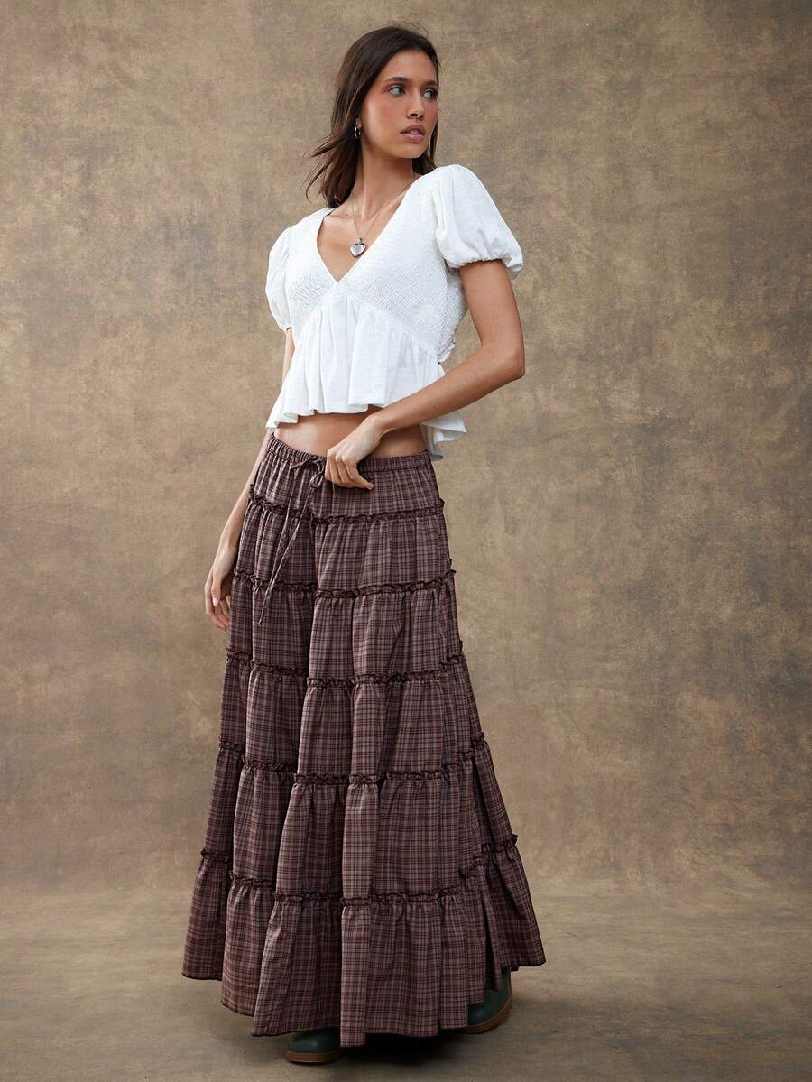 WESTFADE 高腰抽绳层叠荷叶边A字格子长裙，适合秋季、冬季穿着，风格包括波西米亚风、休闲风、可爱风、棕色系、西部风、乡村风、假日风和感恩节风。 - 咖啡棕 - 查看 1