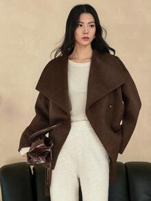 Dazy-Less 女士优雅时尚厚款短款棕色羊毛混纺休闲商务外套，秋冬 - 棕色 - 查看 3