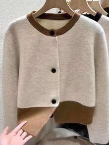 GlowEve Damen Kontrast-Farbiger Rundhals Langarm Einzelknopf Strickjacke, Herbst/Winter