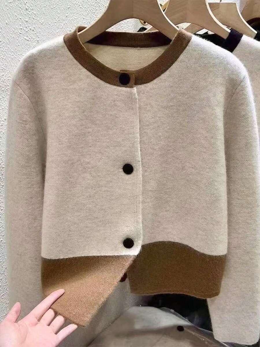 GlowEve Damen Kontrast-Farbiger Rundhals Langarm Einzelknopf Strickjacke, Herbst/Winter