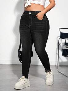 Firerie Plus Size Blue Distressed Skinny Stretch Denim Capri Pants - Black - View 6