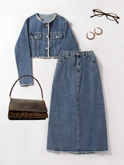 SHEIN 2pcs/Set Teen GirlBlue Denim Lapel Long Sleeve Cropped Jacket & Mini Skirt, Denim Skirt Set, 2 Piece Denim Set Women, Frayed Denim Skirt Set