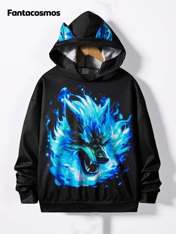 SHEIN Tween Boy Reflective Animal Print 3D Ear Design Hoodie Chic Outfits For Autumn/Winter