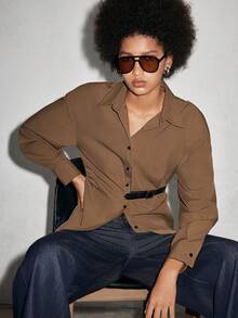 Lumivelle Women's Solid Color Drop Shoulder Long Sleeve Casual Shirt With Waist Buckle Design - Coffee Brown - View 3