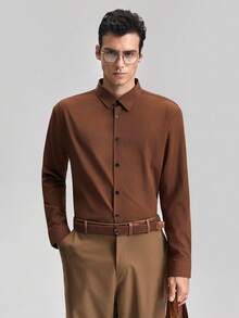 Officeau Men's Solid Color Long Sleeve Single-Breasted Casual Commuter Shirt, Basic Long Sleeve Business Shirt, Casual Business Formal Shirt, Fall Old Money Men's Dress Shirt Spring To Summer - Brown - View 2