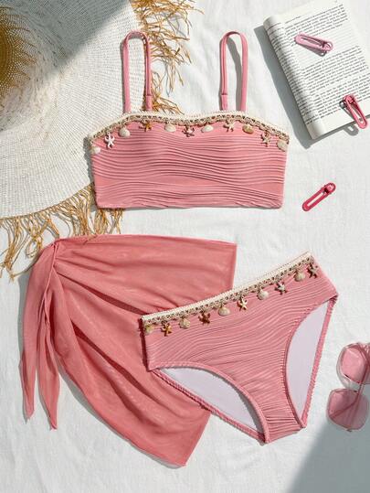 SHEIN Tween Girls' Summer Beach Vacation Shell & Starfish Woven Strap Bikini Set