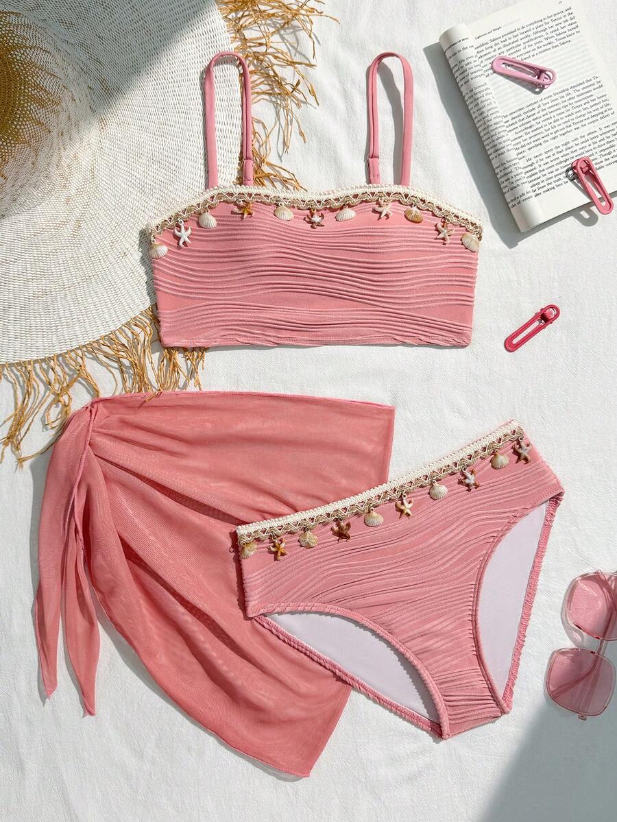 SHEIN Tween Girls' Summer Beach Vacation Shell & Starfish Woven Strap Bikini Set - Dusty Pink - View 1