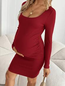 SHEIN Maternity Solid Color Thermal Lined Crew Neck Mini Dress - Burgundy - View 6