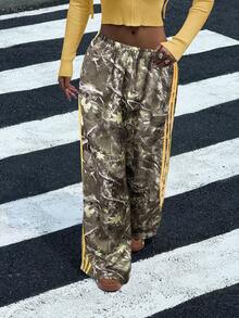 Muchica 女式休闲树枝印花拼接黄丝带宽松运动裤，秋季 - 彩色 - 查看 4