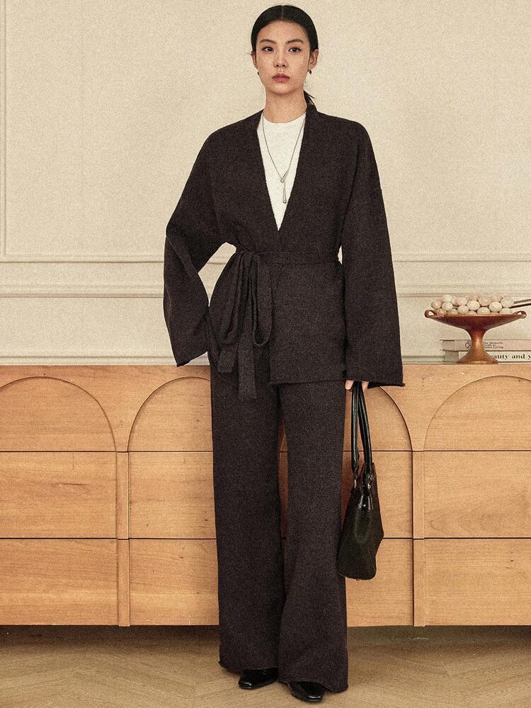 Women's Loose Business Casual Knit Cardigan And Straight Leg Casual Pants Two Pieces Suit, Autumn/Winter