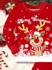 SHEIN 红色圣诞系列、圣诞快乐、可爱雪花、蝴蝶结、驯鹿印花、冬青快乐可爱、红色圈圈鲁道夫、年轻女孩休闲简约保暖柔软长袖上衣睡衣套装适合秋冬家居舒适贴身、圣诞睡衣派对、新年睡衣、寒冷假期、小女孩睡衣套装、红色圣诞睡衣、舒适贴身单人睡衣、长袖舒适贴身两件套睡衣 - 彩色 - 查看 4