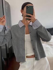 DAZY Women's Contrast Stripe Patchwork 2 In 1 Casual Cardigan - Dark Grey - View 5