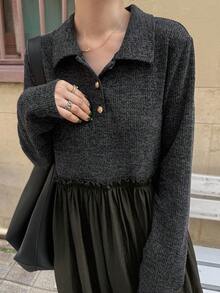 FRIFUL Damen Metall Knopf Dekor Patchwork Loose Saum Dickes Langes Kleid, Herbst/Winter