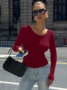 DAZY Herbst/Frühling Beerenrot Neujahr & Weihnachten figurbetontes kurzes Top, rückenfrei mit Bindeband und Kontrast-Farbblock Langarm T-Shirt für Frauen Schule - Rot - Übersicht 5