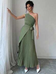 Firerie Women's Sage Green Oblique Collar Sleeveless Cinched Waist Pleated Hem Dress,Elegant Summer Wedding Guest Office Lady Dress, Boho Wedding Season - Green - View 8