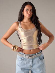 SHEIN BAE 女士秋冬金色Y2K金属质感修身露脐上衣，适合夜店、夜间派对、圣诞节、新年等场合穿着，金色闪亮上衣 - 金色 - 查看 6