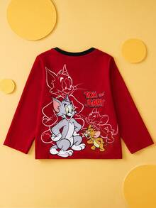TOM & JERRY X SHEIN 小男孩卡通图案撞色装饰圆领宽松长袖T恤，酒红色，秋冬 - 酒紅色 - 查看 1
