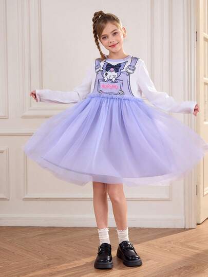 HELLO KITTY AND FRIENDS | SHEIN 少女卡通印花仿牛仔背带针织圆领长袖网眼下摆 A 字连衣裙