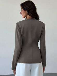Aloruh Women's Solid Color Long Sleeve Cinched Waist Metal Ring Decor Fashion Blazer - Grey - View 2