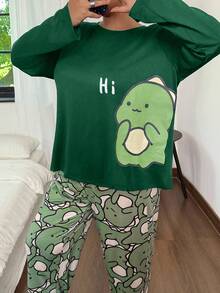 SHEIN 大码可爱恐龙印花长袖上衣和裤子睡衣套装，绿色睡衣套装，秋冬服装 - 墨綠色 - 查看 3