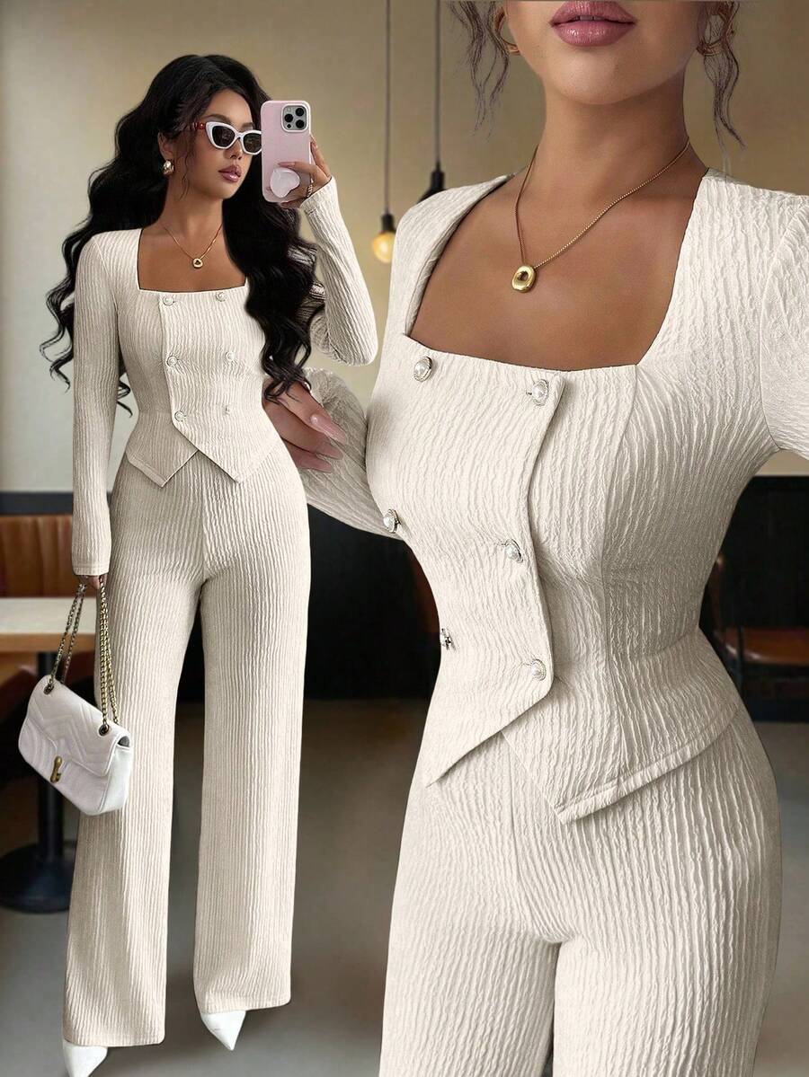 Elenzga Bộ 2 món thời trang nữ màu trơn họa tiết, gồm áo khoác blazer dài tay cổ khoét hai hàng khuy và quần ống đứng dáng rộng cạp cao, phong cách đi làm thanh lịch, thích hợp cho các buổi hẹn hò, đi làm, mùa thu/đông - Màu be - Xem 1