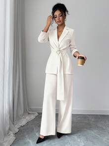 SHEIN Elenzya Bộ vest 2 món thanh lịch & tinh tế cho nữ đi làm văn phòng mùa thu/đông: Áo khoác blazer tay dài có họa tiết kim loại + Quần ống rộng, màu nâu - Màu be - Xem 6