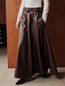 Uhlyne 女士高腰帆布腰带，配圆环扣装饰，喇叭形下摆设计，栗色和桑葚色，长裙，优雅的法式复古简约风格，适合休闲、正式、派对、下午茶、感恩节、圣诞节、秋冬 - 紫紅色 - 查看 3