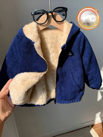 SHEIN 男婴保暖连帽外套，加厚棉服，绗缝冬装，藏蓝色灯芯绒舒适百搭休闲外套，适合室内、室外、滑雪、日常穿着、运动、玩耍、聚会、秋冬季摄影等场合。