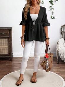 EMERY ROSE Plus Size Women V-Neck Ruffle Tie Flare Sleeve Casual Jacket Top - Black - View 3