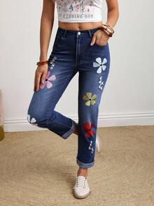 EMERY ROSE Jeans casuales de talla grande para mujer con bolsillos bordados con flores - Azul lavado oscuro - Ver 5